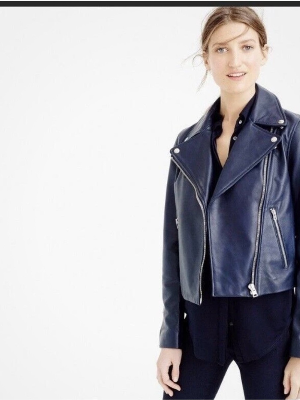 J. Crew Navy Leather Moto Jacket with Silver Zippers